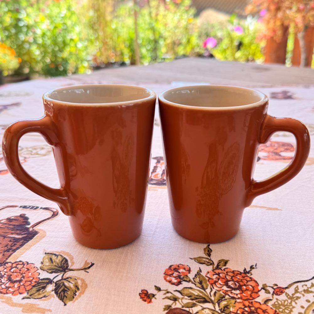 Vintage 1970s Burnt Orange Stoneware Coffee Mugs Set of 2 Retro MCM Cream
